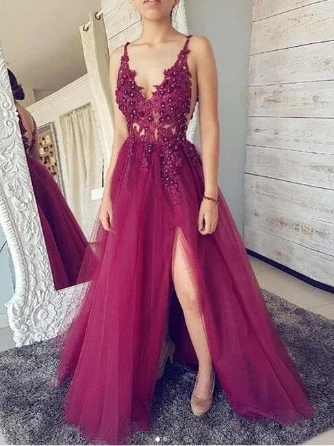 Unik Burgundy Maroon Anpassad Se Through Plunge V-ringad Slit Tylle Balklänning