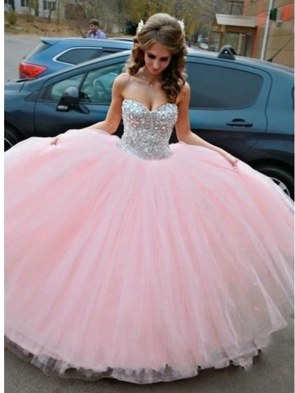 Princess Sparkly Beading Rosa Balklänning Tyll Balklänning | Quinceanera klänningar