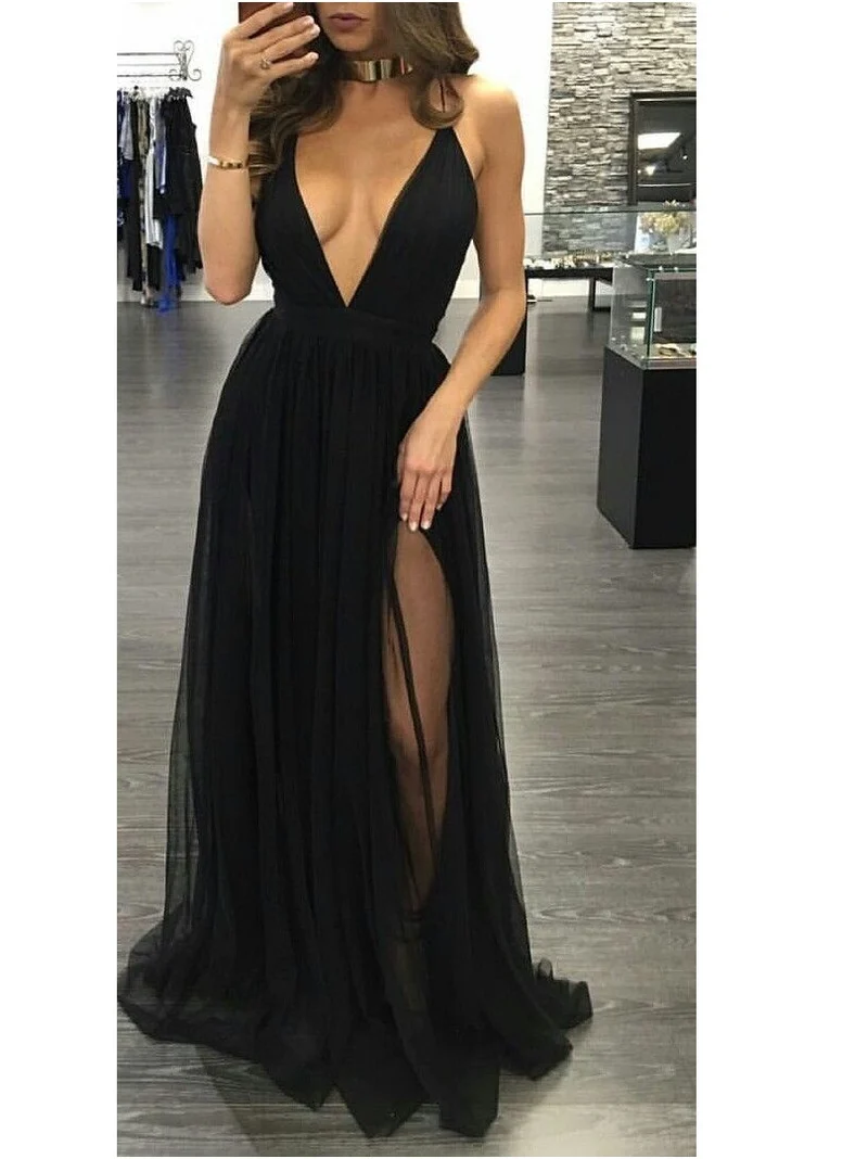 Boho Black Flowy Long Balklänning | Sexig aftonklänning med v-ringad dopp