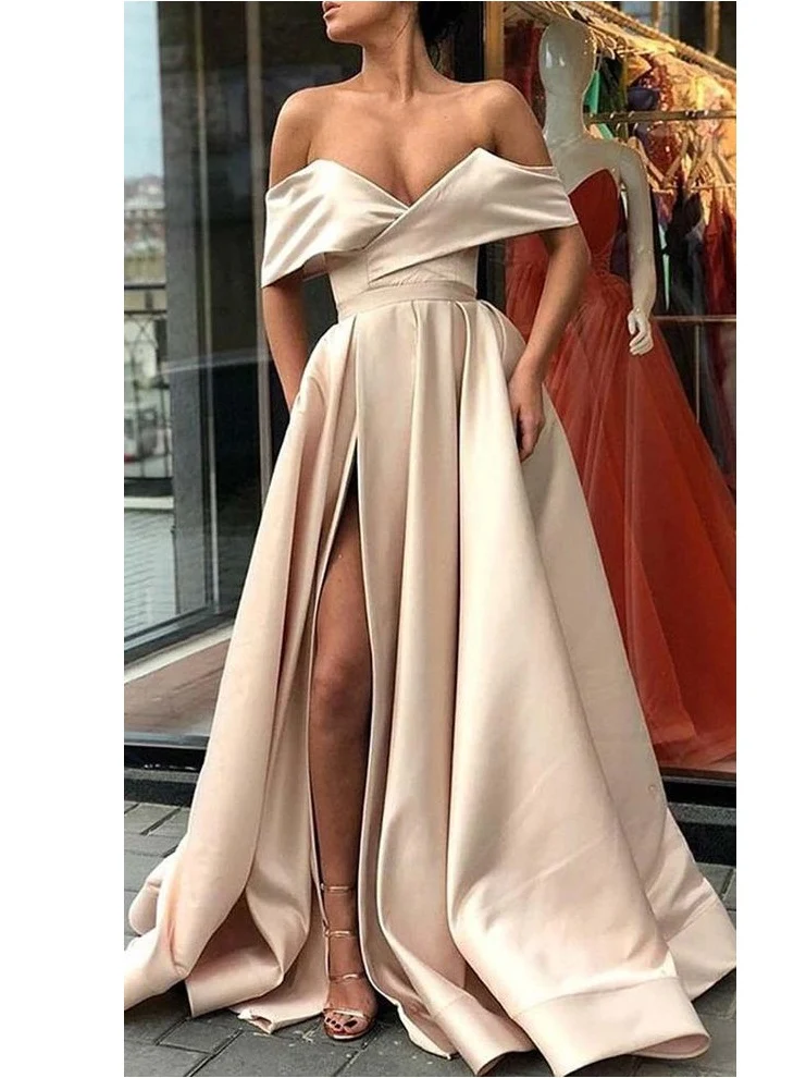 Snygg Champagne Off the Shoulder Satin Side Slit Senior 8:e klass balklänning