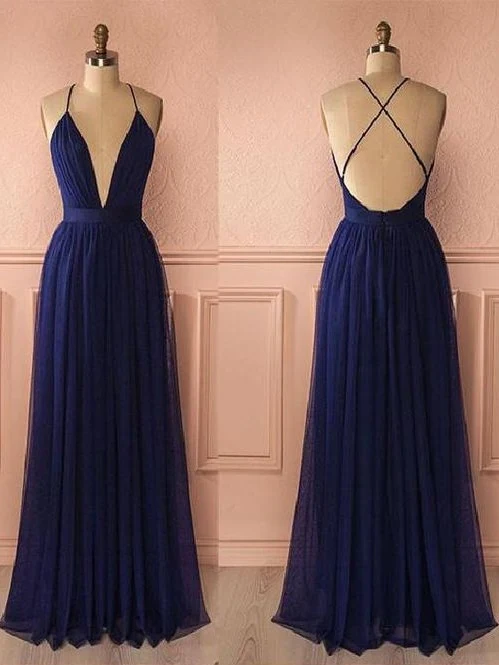 Marinblå Flowy Tyll Lång dopp V-ringad Prom Dress Senior Examen högtidlig klädsel