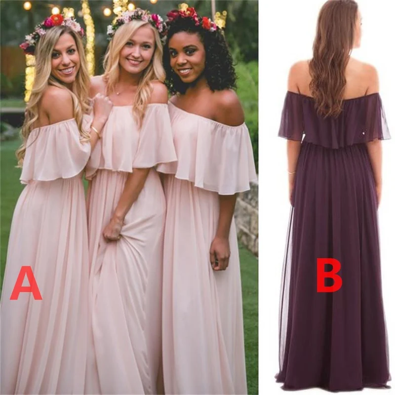 Raffinerad höst Chiffong Boho Off The Shoulder Långa sommar brudtärna klänningar