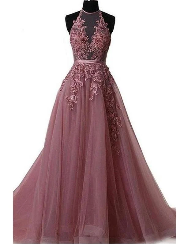 Long Sweep Train Grimma Bländande Topp Tyll Modest Prom Dress