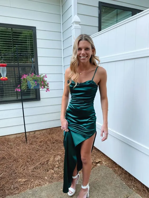 Elegant Grön Balklänning Lång Sexig Festklänning med Slits för Dam