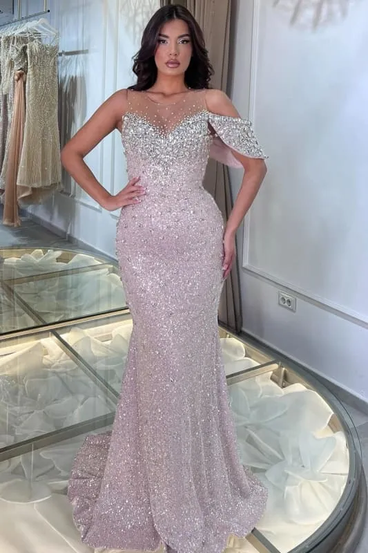 Glittrande asymmetrisk glitterpaljett sjöjungfrubalklänning lång med elegant slits