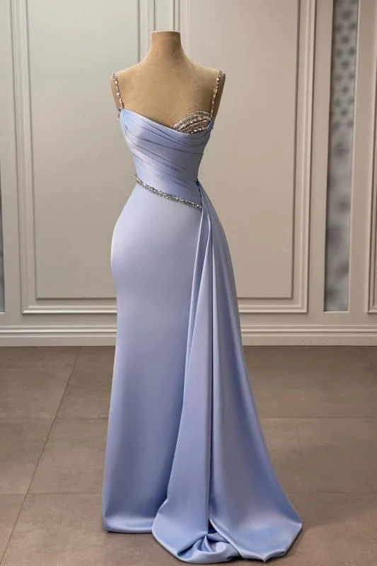 Charmig rynkad satin sjöjungfrubalklänning lång med släp, elegant formell klänning