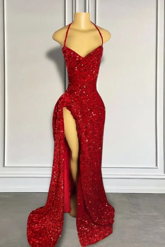 Fantastisk glänsande röd paljett-sjöjungfrubalklänning med elegant slits fram