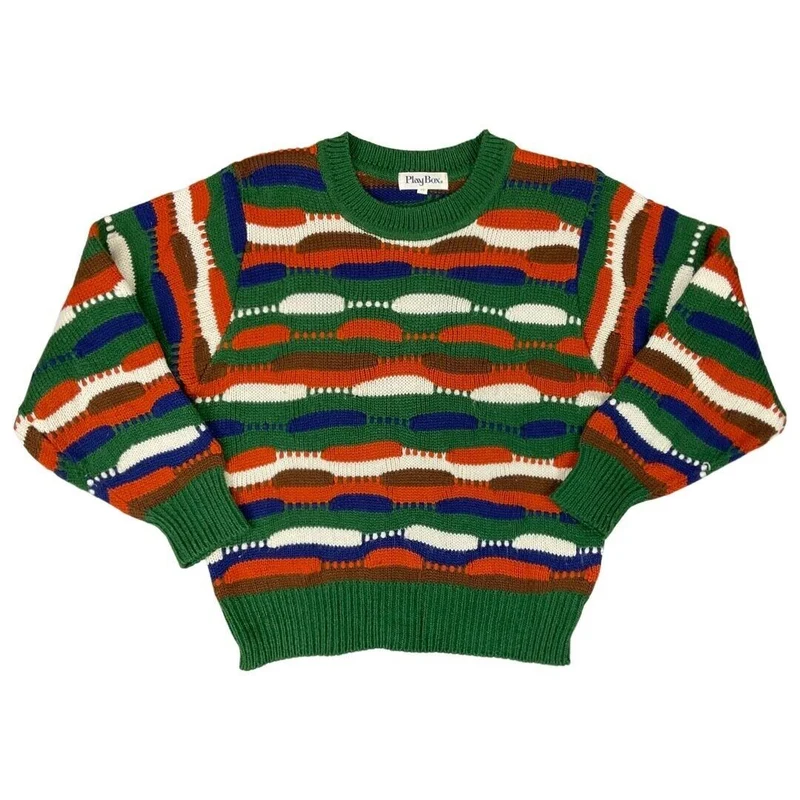 Vintage 80s 90s Orange Green Wavy Patterned Knitted Jumper 8 10