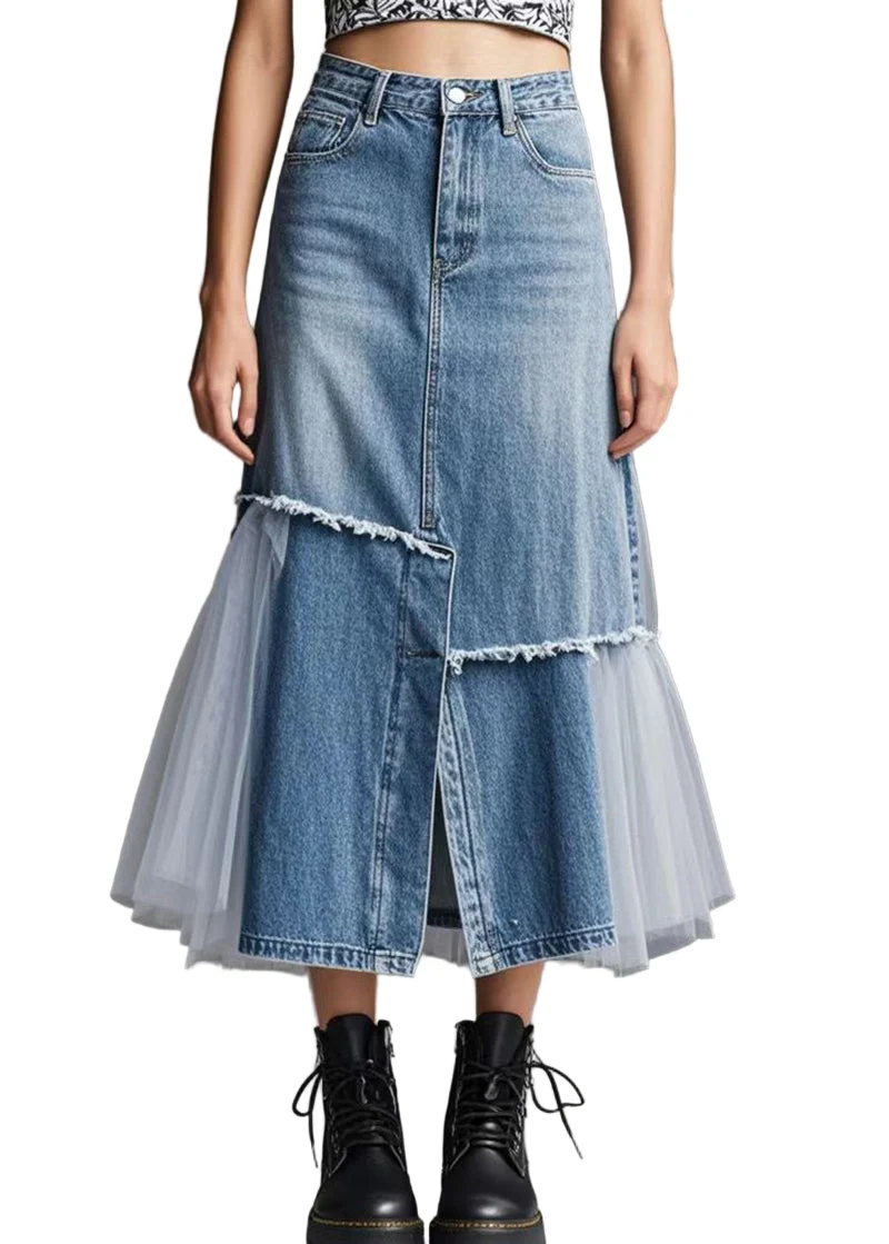 Kvinnors Jeanskjol med Tyll och Patchworkdesign