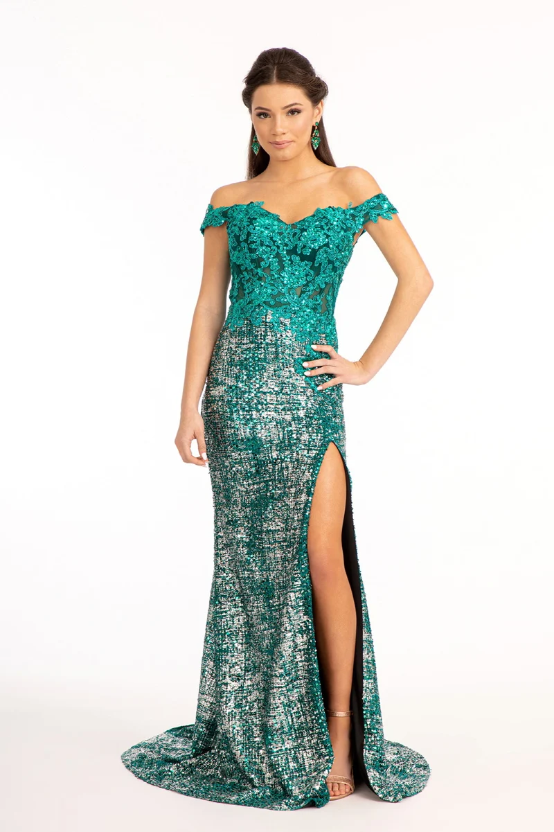 Off the Shoulder Blommiga paljetter Mermaid Slit Gown från GLS av Gloria GL3024 - Högtidsklänning för kvinnor - Speciella tillfällen/kurvor