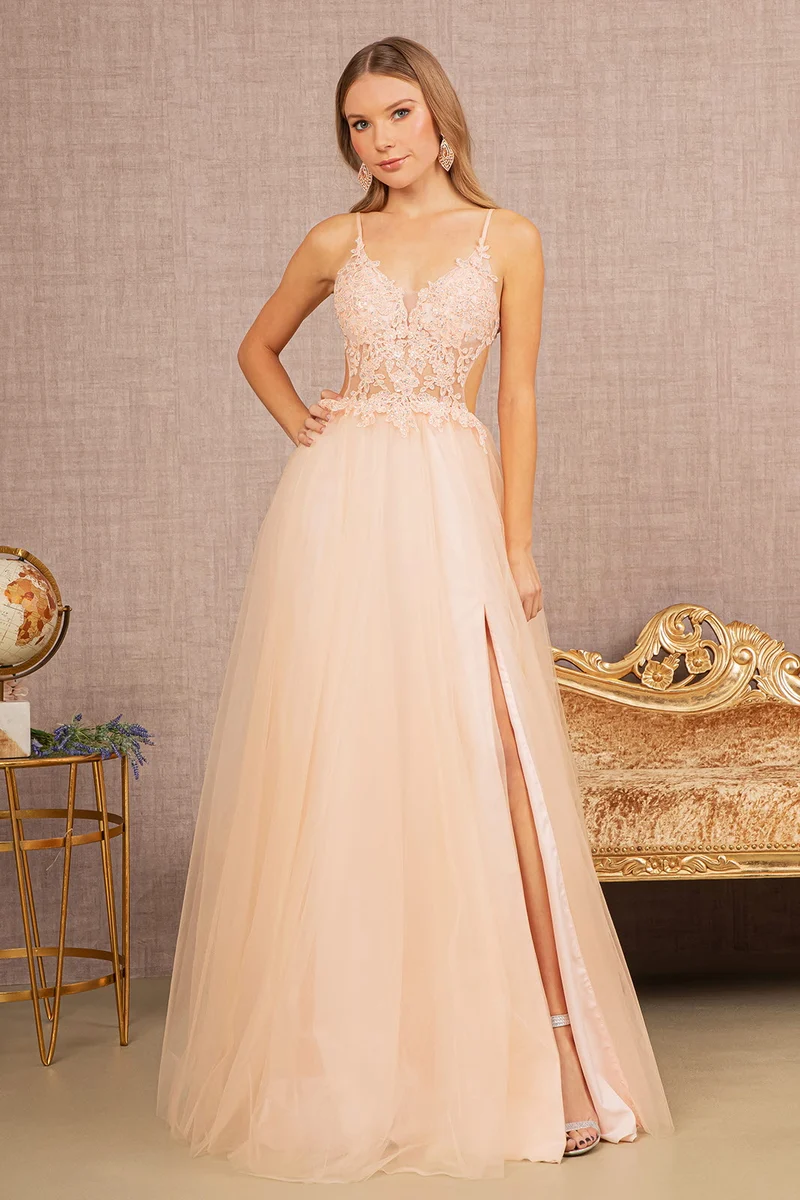 Sheer Cut Ou Floral Korsett Tyll Slit Klänning med öppen rygg av Elizabeth K GL3152 - Kvinnor högtidlig klänning- Speciella tillfällen/kurvor