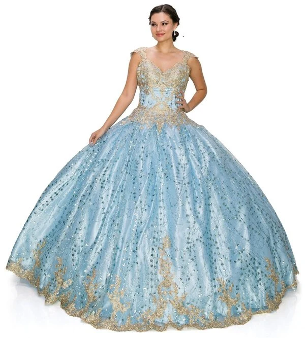 Cinderella Couture USA AS8024J-blå Paljett Satin Quinceanera Klänning