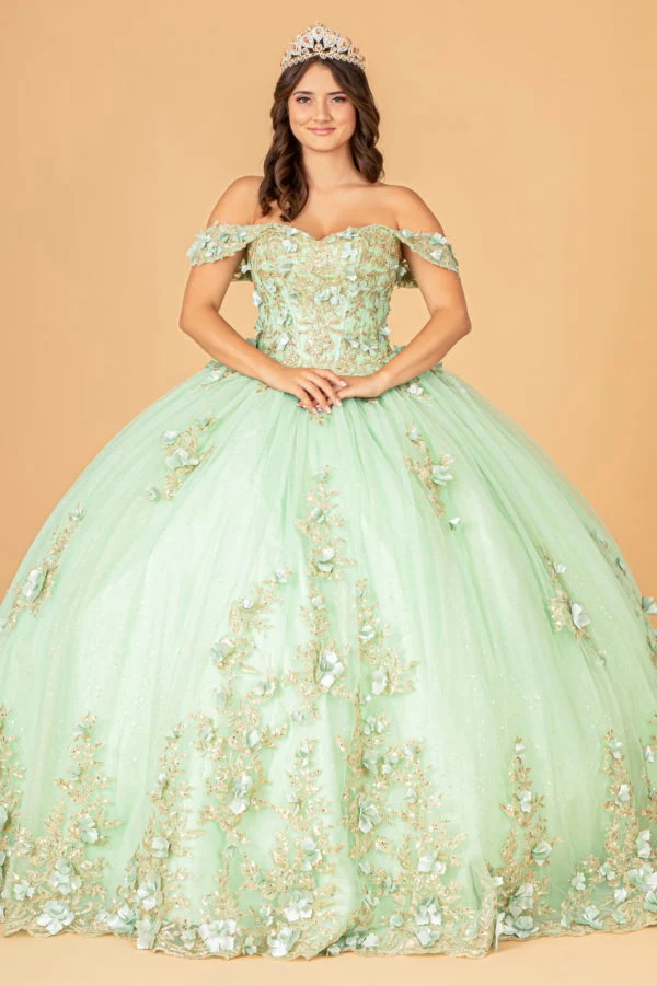 Off the Shoulder 3D Flower Applique Sweetheart Neckline Mesh Quinceanera Balklänning från Elizabeth K - GL3102