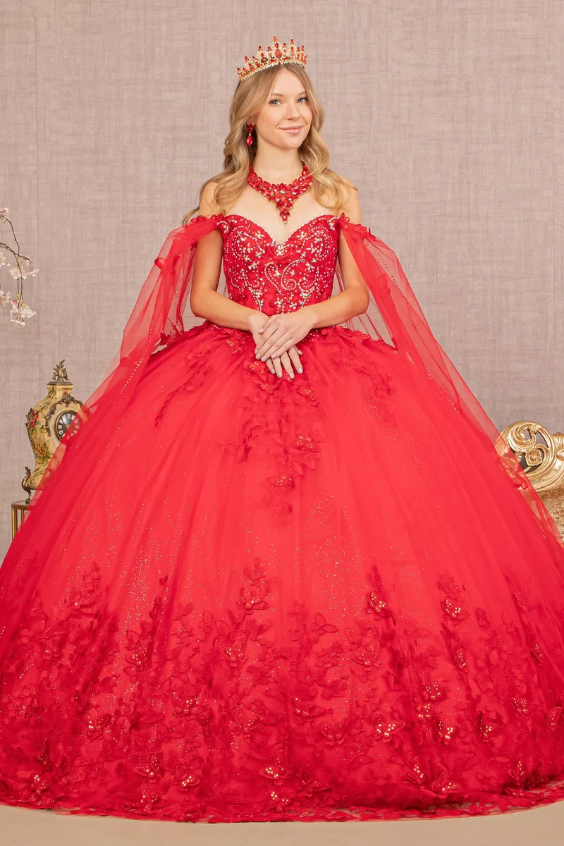 Butterfly Applique Glitter Quinceanera Gown with Long Mesh Layer av Elizabeth K - GL3110