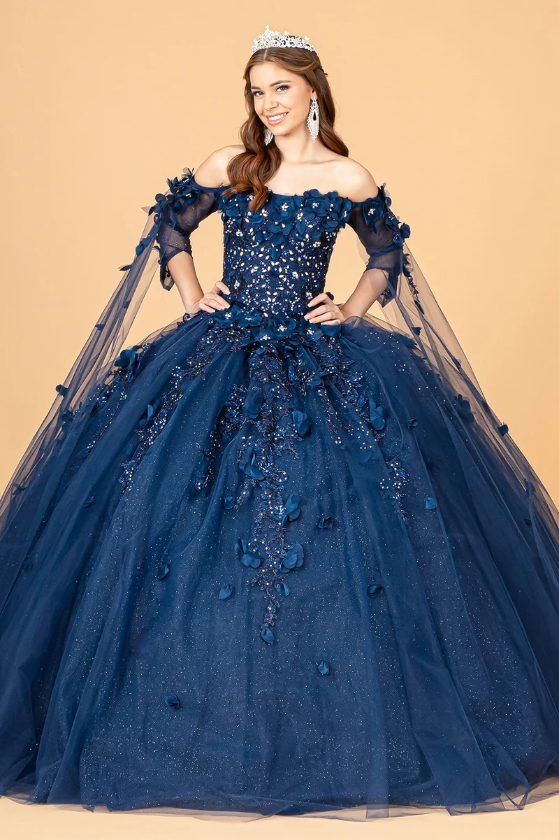 Off Shoulder Mesh Quinceanera Gown w/ Shoulder Side Mesh Drapes av Elizabeth K - GL3075