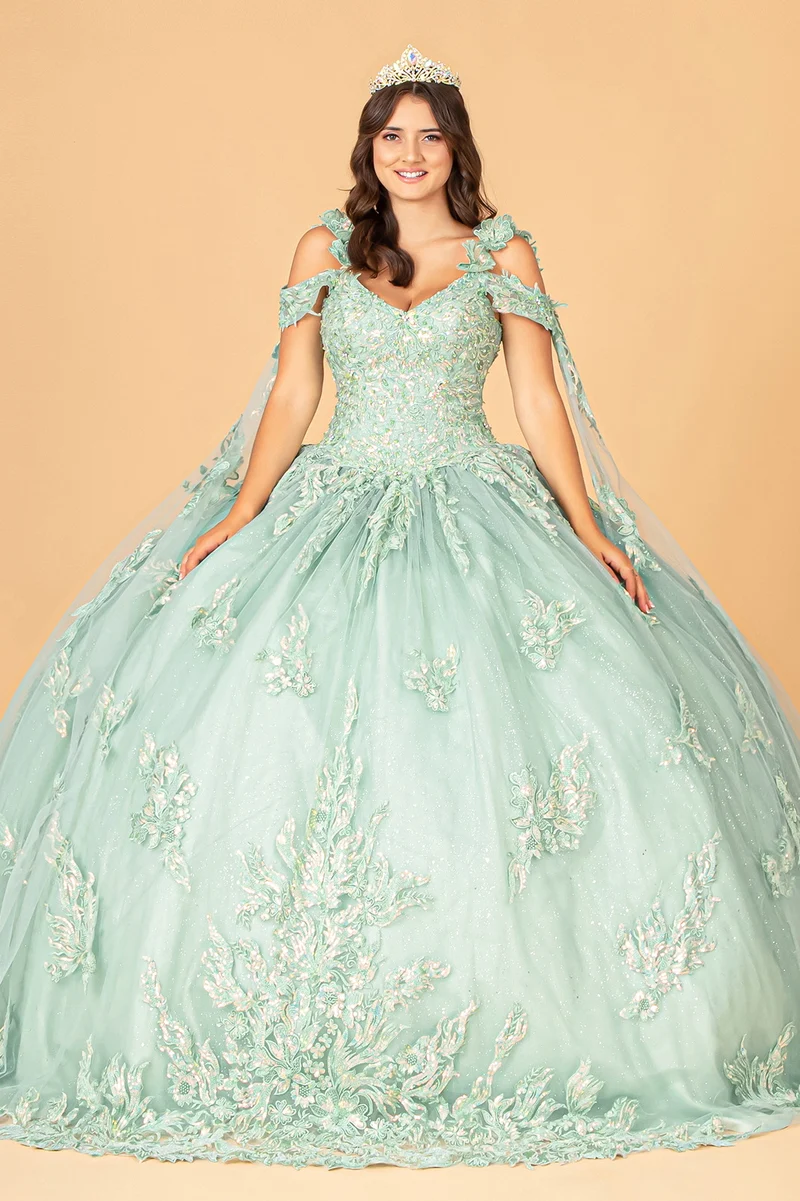 Off the Shoulder blommig applikation Quinceanera balklänning med korsettrygg från Elizabeth K - GL3099