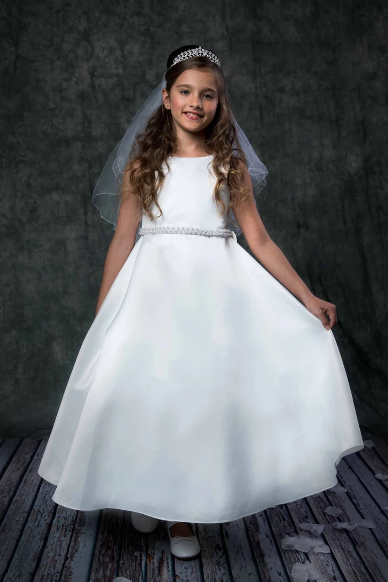 Flower Girl Party Lång Satin Pearl Trim Nattvardklänning från AS386 Kids Dream - Tjej högtidliga klänningar