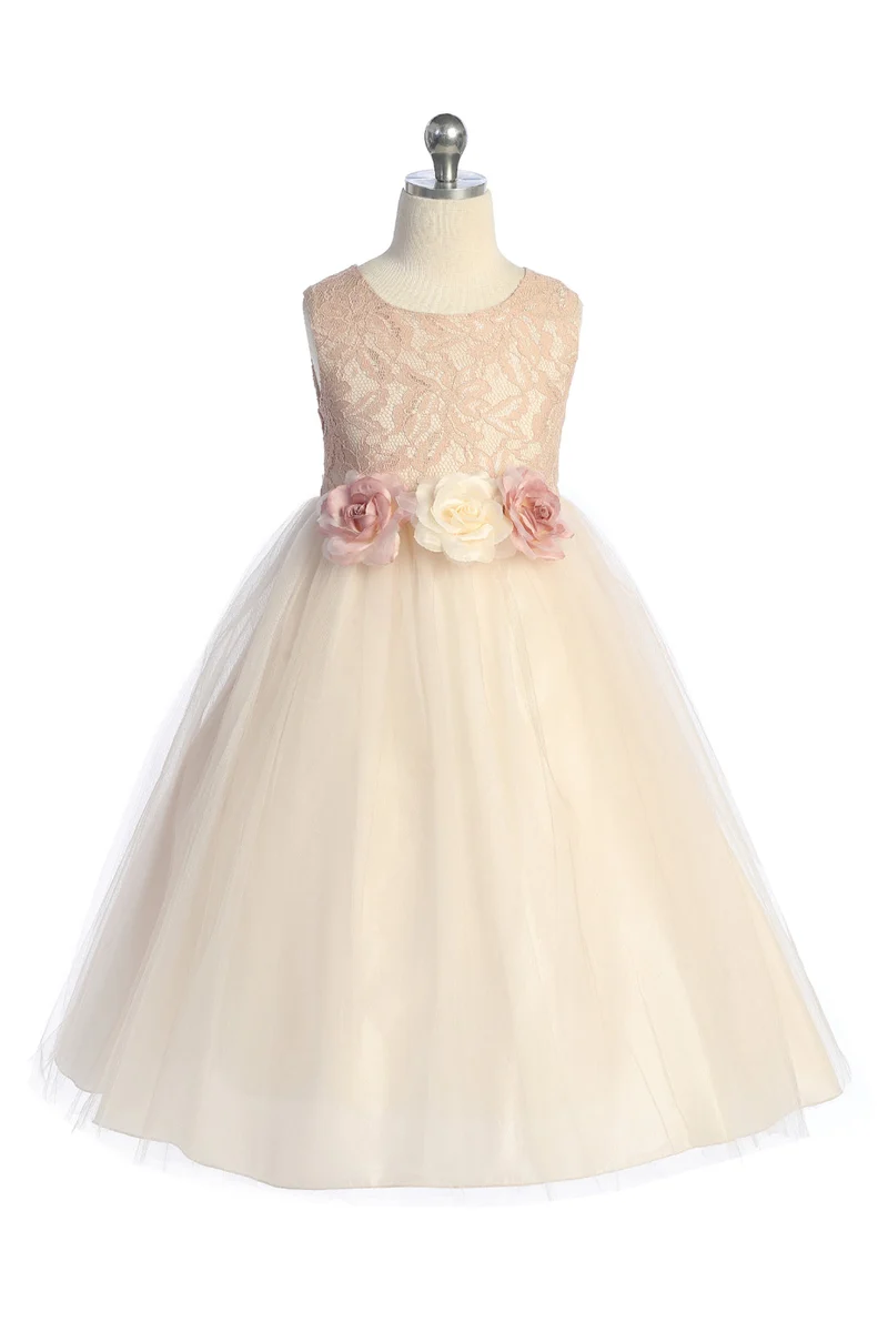 Girl Party Lace Illusion Long with Flowers Klänning från AS524-F Kids Dream - Tjejklänningar