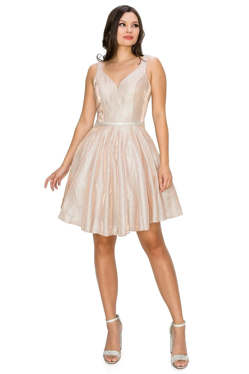 Metallisk kort festklänning från Cinderella Couture USA AS8013J-ROSEGOLD