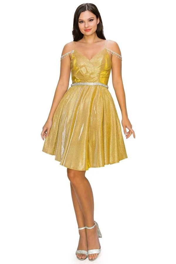 Metallisk glitter kort festklänning från Cinderella Couture USA AS8014J-GOLD