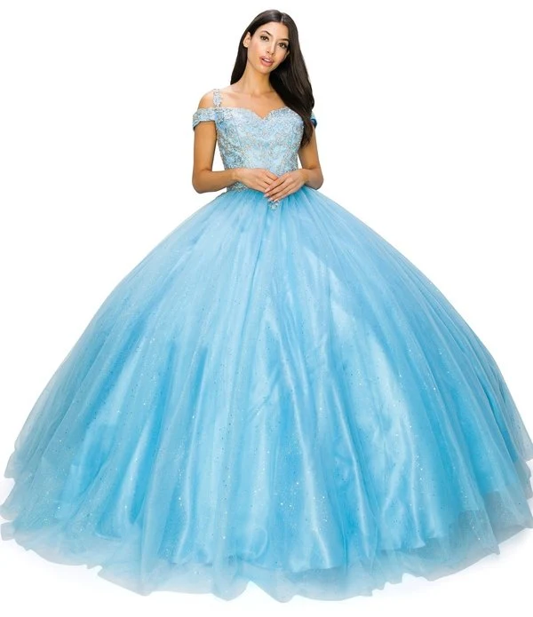 Off the Shoulder Spets Tyll Quinceanera Klänning från Cinderella Couture USA AS8028J_BLUE
