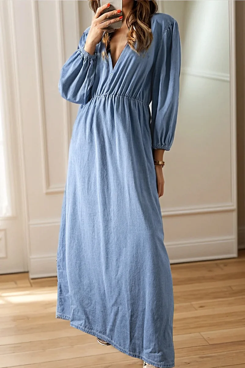 Djup denimklänning med knytmönster och trekvartsärmar - 100 % bomull Klassisk elegans