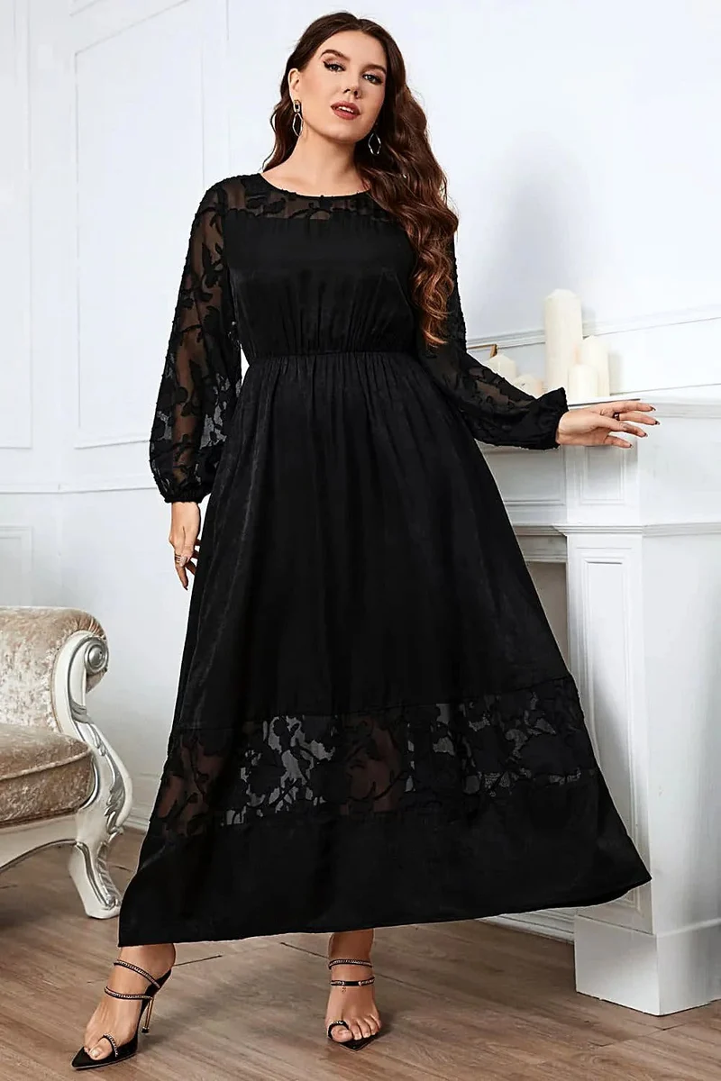Honey Melo Plus Size Maxiklänning med Broderi, Rund Halsringning, Långärmad Avslappnad Stil
