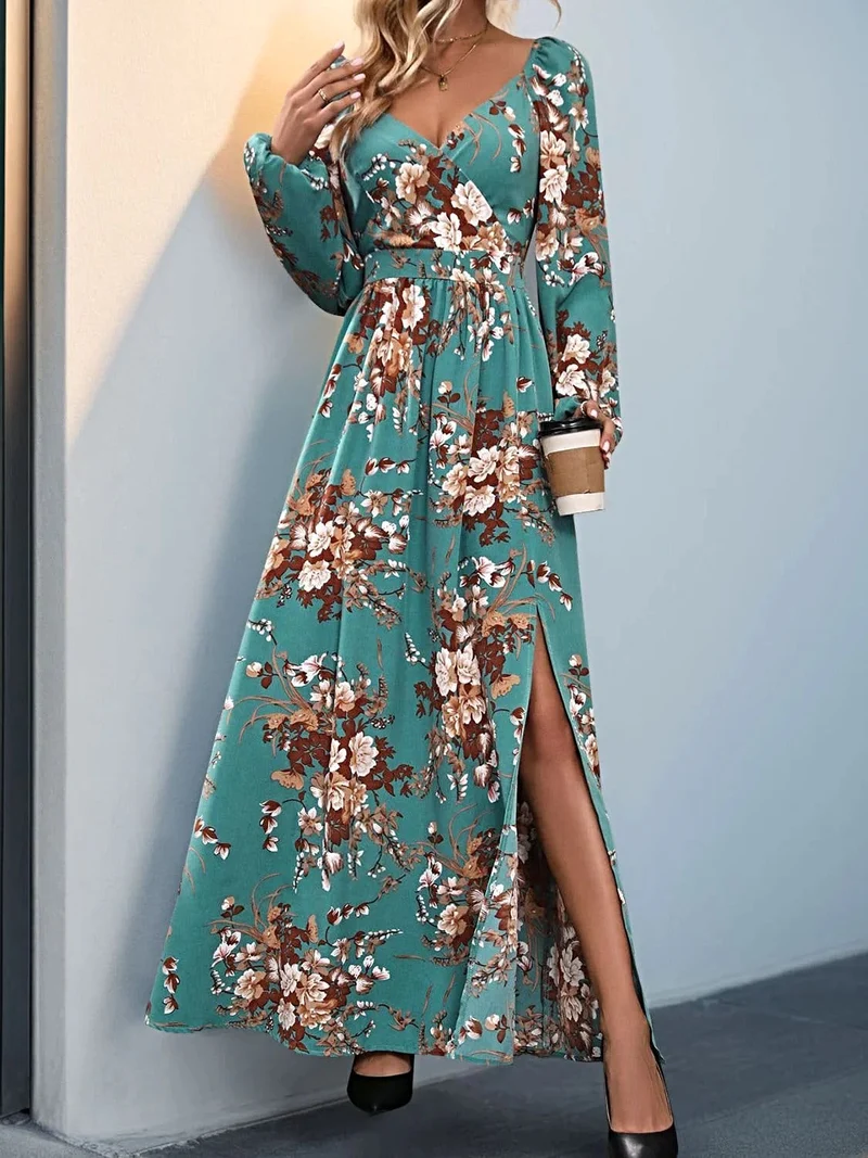 Perfee Elegant Maxiklänning i 100 % Polyester med Slits - Långärmad Överdragsdesign