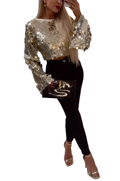 Kvinnors Crop Top med Långa Klockärmar och Paljetter