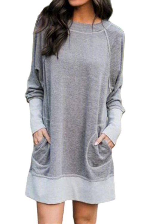Dam Klänning Med Fickor Långärmad Casual Stil