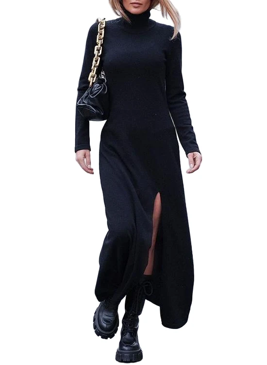 Dam Maxiklänning med Turtleneck och Hög Slits