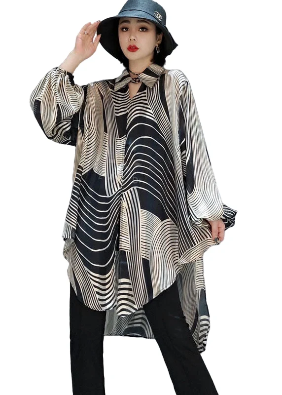 Dam Blus med Randig Chiffon och Låg-Hög Design