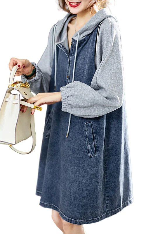 Kvinna Denimstil Mid Klänning med Huva och Fickor