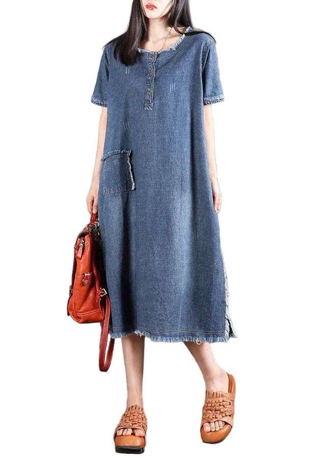 Kvinnors Denimstil Klänning med Knappar och Fickor