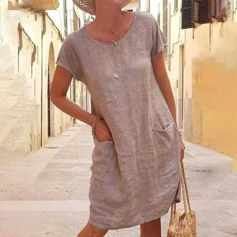Linne-stil Damklänning Fina Detaljer Klassisk Sommarstil