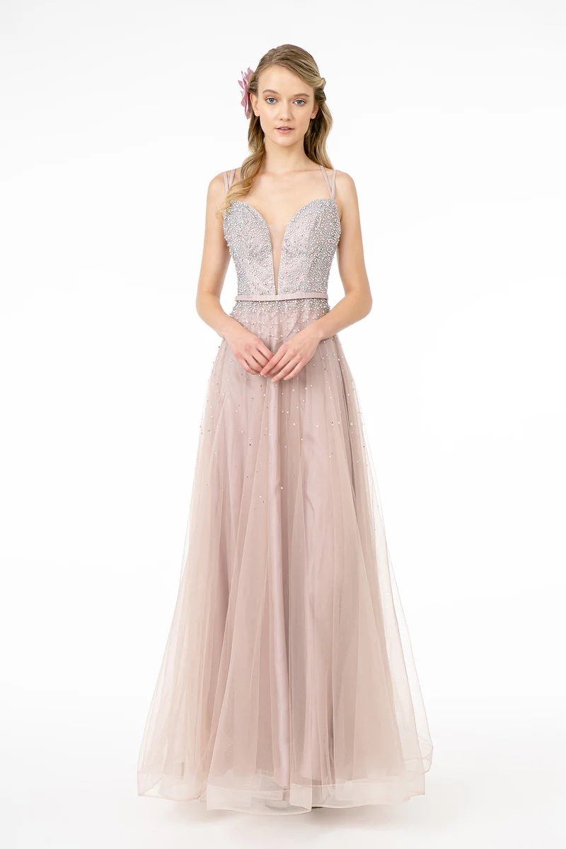 Jewel Embellished Tulle A-Line Dress with Strap Back- GL2892 by Elizabeth K - Special Occasion