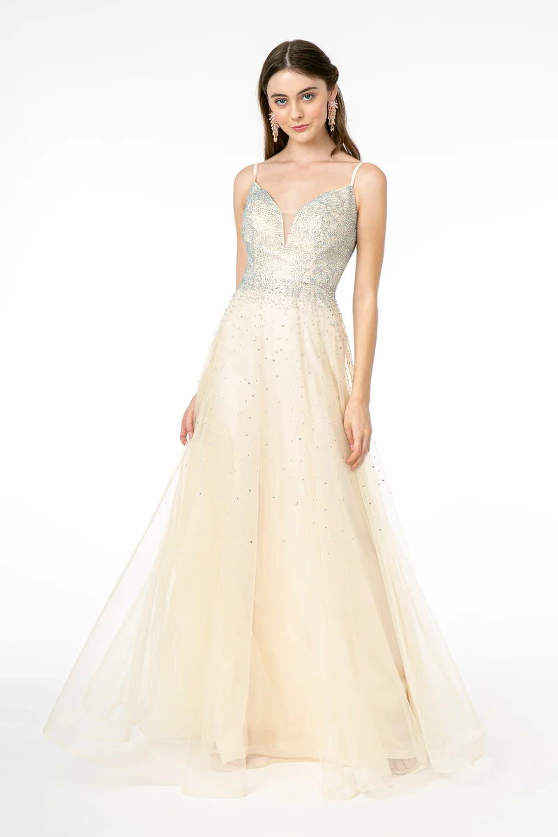 Embellished Illusion Deep V-neck Dress - GL2891 Elizabeth K