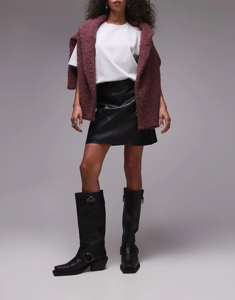 Topshop faux leather panelled seam pelmet skirt in black
