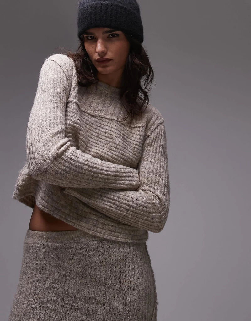 Topshop knitted co-ord asymmetric top in oat