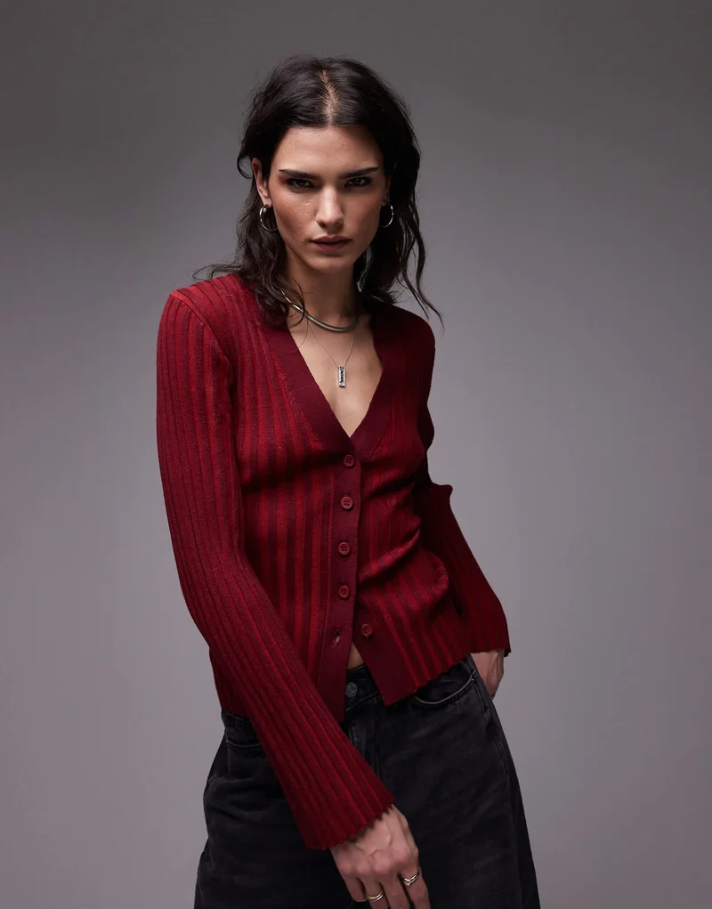 Topshop plated knit cardigan in red & burgundy