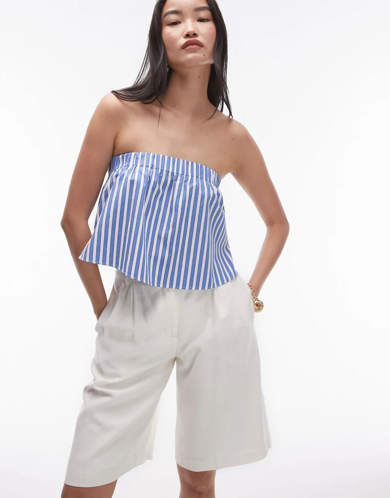 Topshop cotton stripe bandeau top in blue stripe
