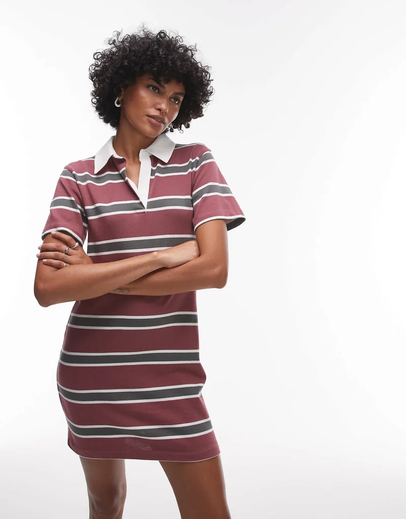 Topshop jersey shrunken polo mini dress in red stripe