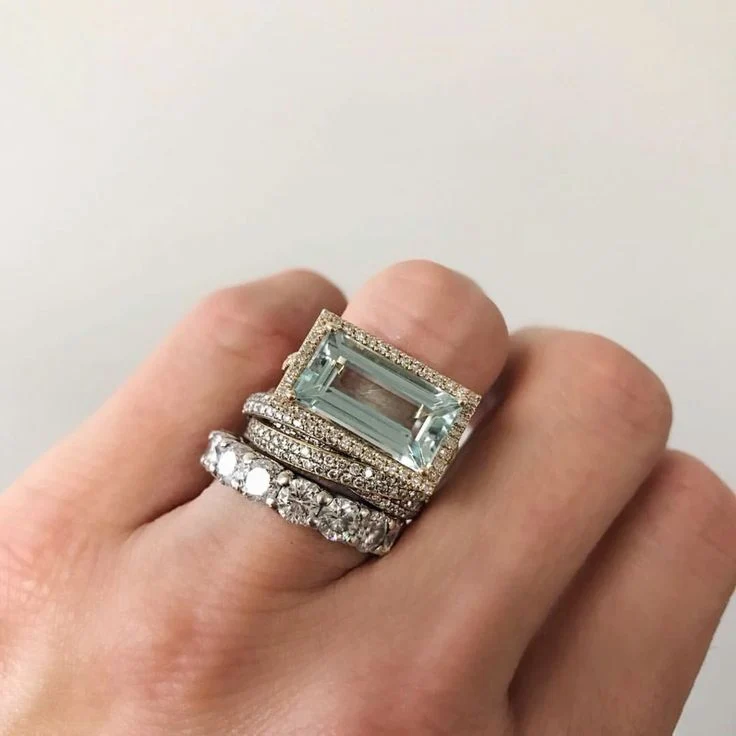 Vintage silverfärgat ringpaket med turkos kristall (3 ringar)
