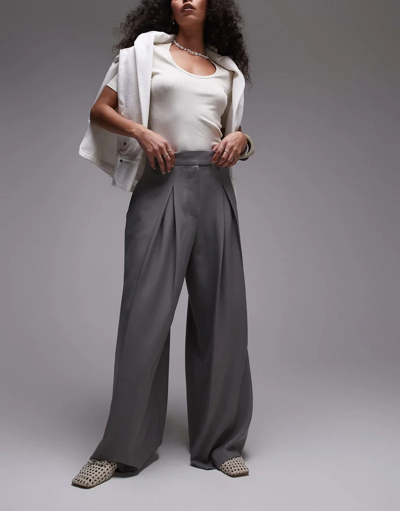 Topshop high waist pleated extreme wide leg trouser in grey