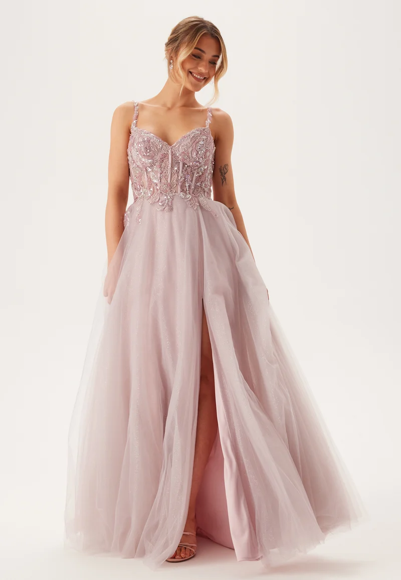 Glittering tulle evening dress with lacing