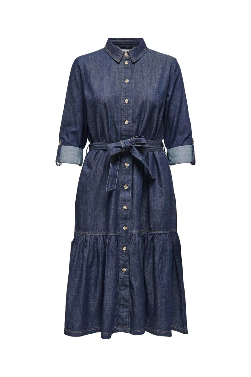 Only - Onlsevigny Frill 3/4 Sl Long Dress - 4857886 Dark Blue Denim