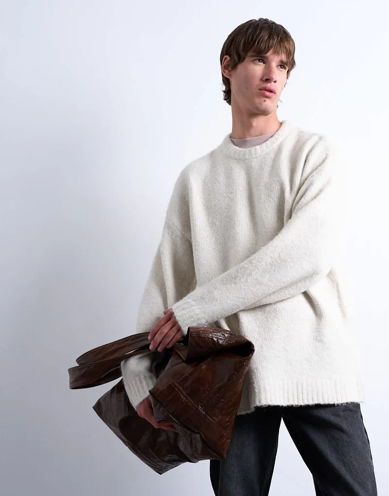 Topman loose knit crew jumper in ecru
