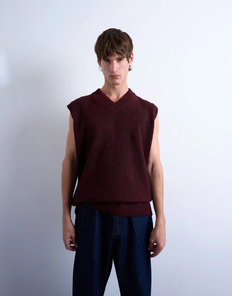 Topman oversized fit knitted v-neck tank in burgundy