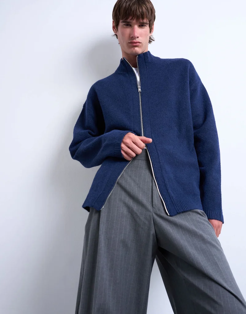 Topman double zip funnel neck cardigan in navy