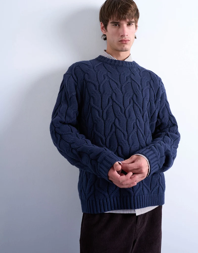 Topman relaxed fit heavyweight knitted jumper with cable in navy